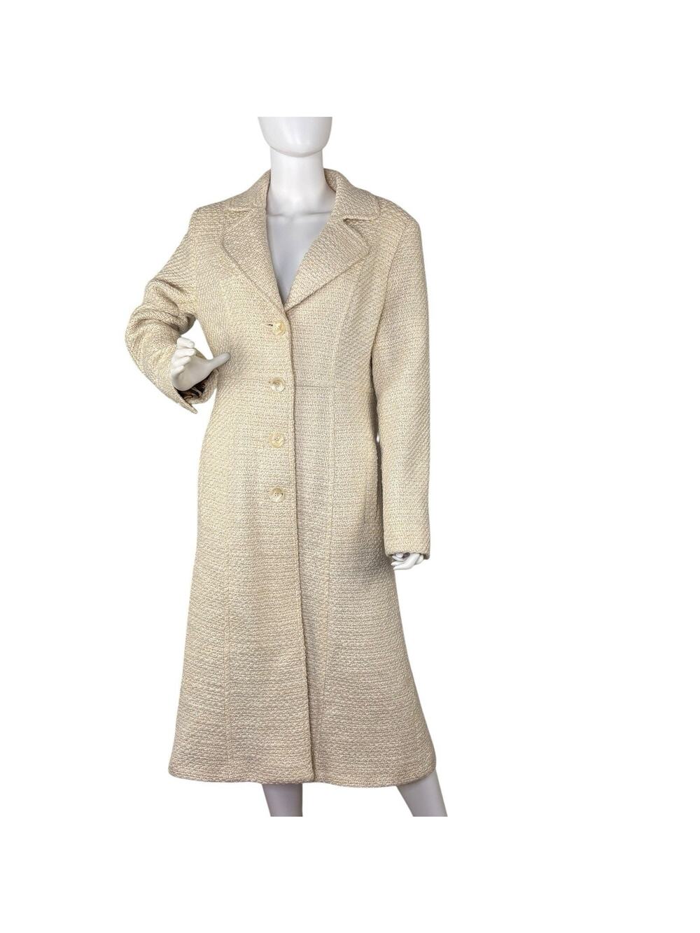 Vintage 80s Women’s Overcoat Boucle Tweed Long Midi Mod Ivory Gold Size 12
